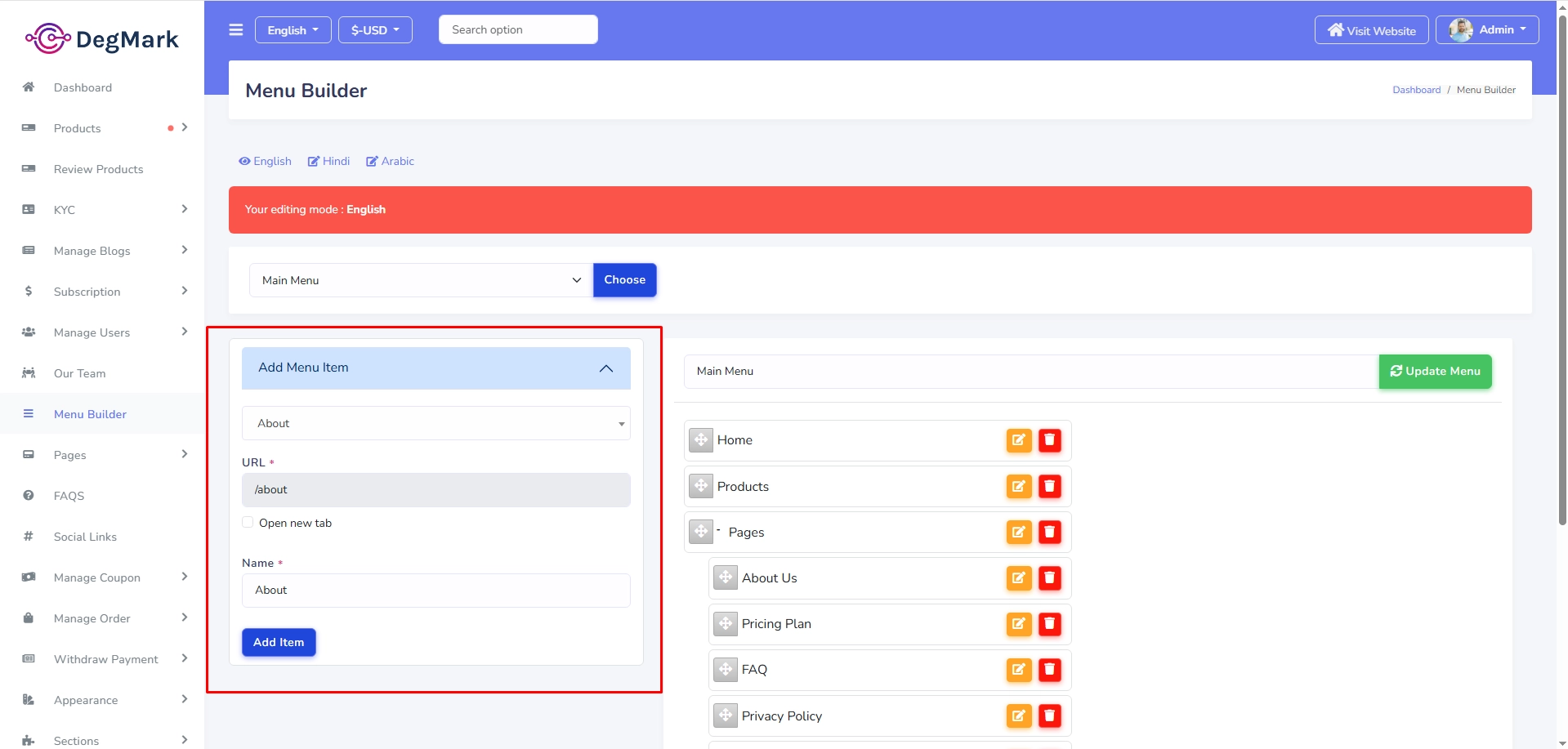 Create Menu Item from Pages