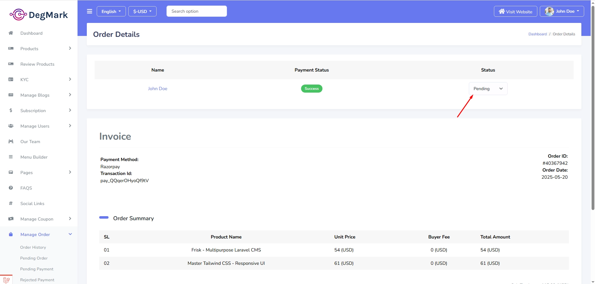 Update Order Status