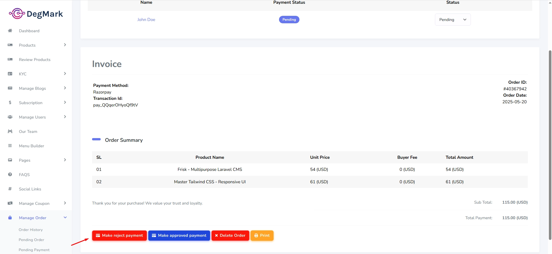 Update Pending Payment