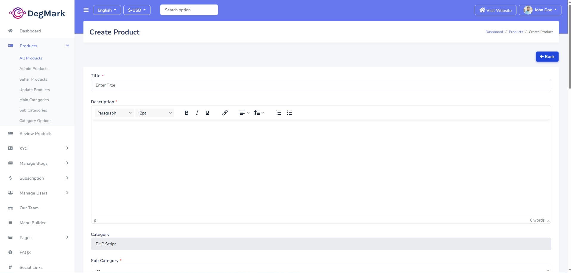 Create Product Form