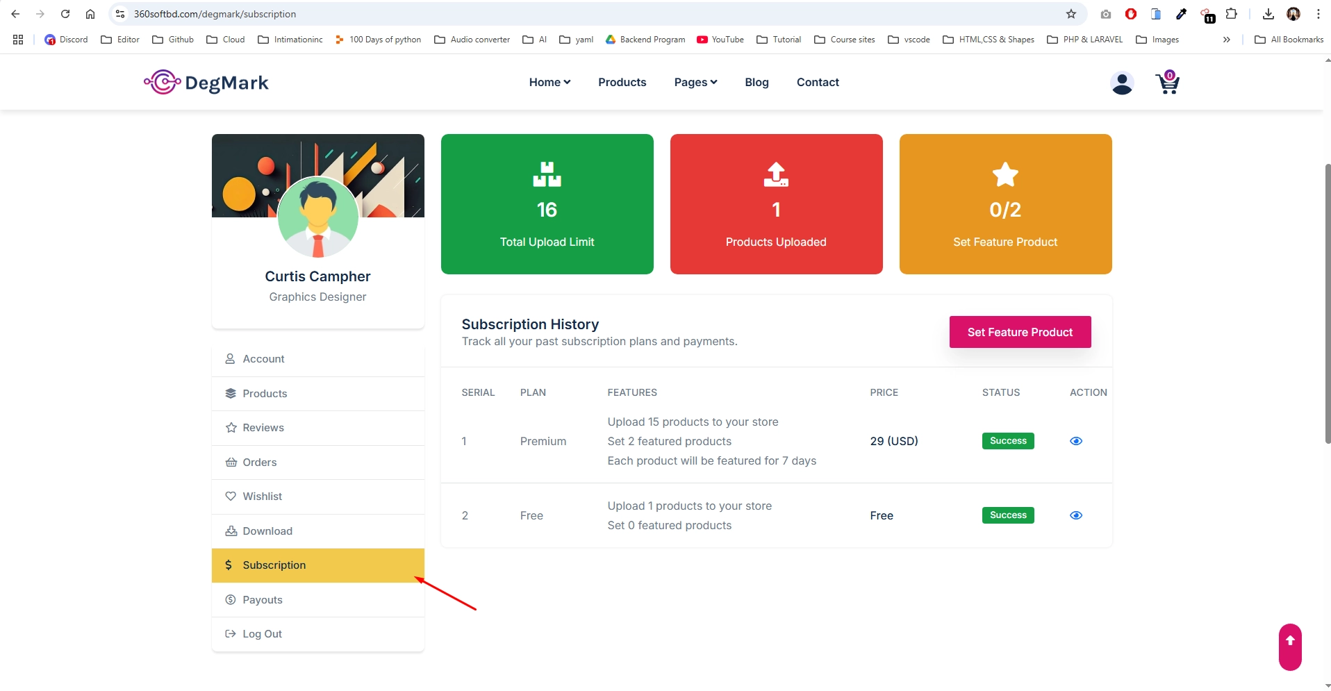 Subscription History Page